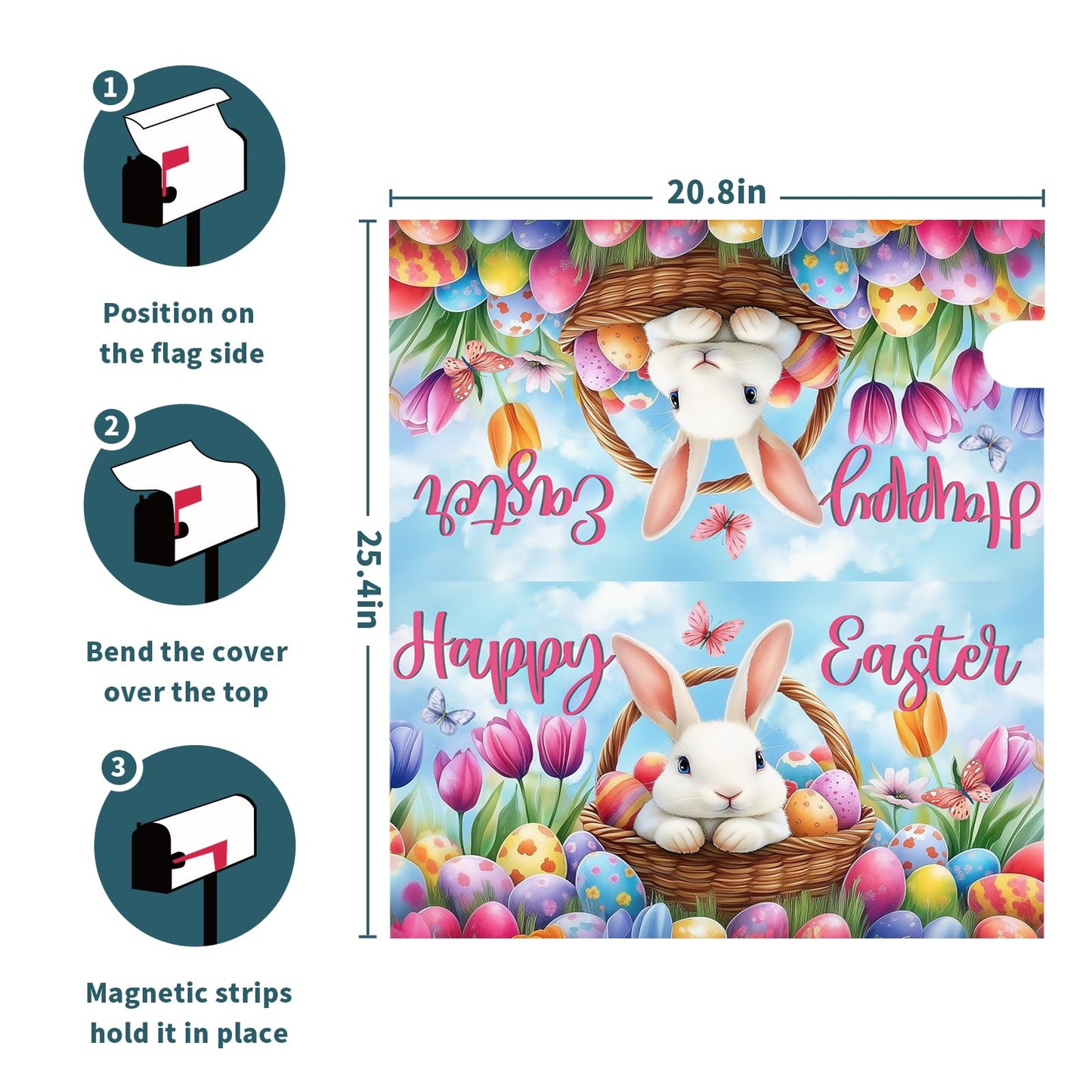 Happy Easter Welcome Mailbox Cover Magnetic Standard Size 25"x21" Cute Bunny Rabbit Eggs Decorative Post Letter Box Wrap Farmhouse Spring Easter for Garden Yard Outdoor Easter Mailbox Decoration