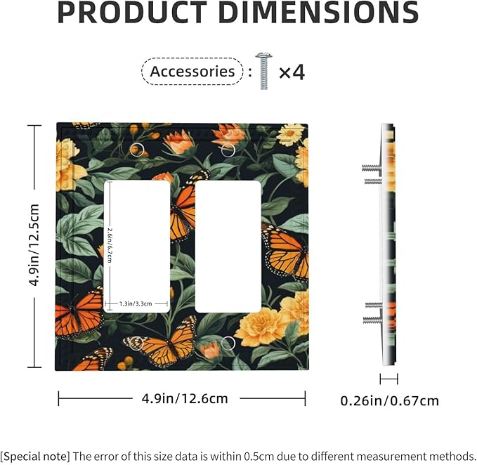 Butterflies Flower Garden Dual Outlet Covers Wall Plate 2 Gang Rocker Decora Decorative Switchplate Electrical Faceplate GFCI Light Switch Covers for Farmhouse Living Decor