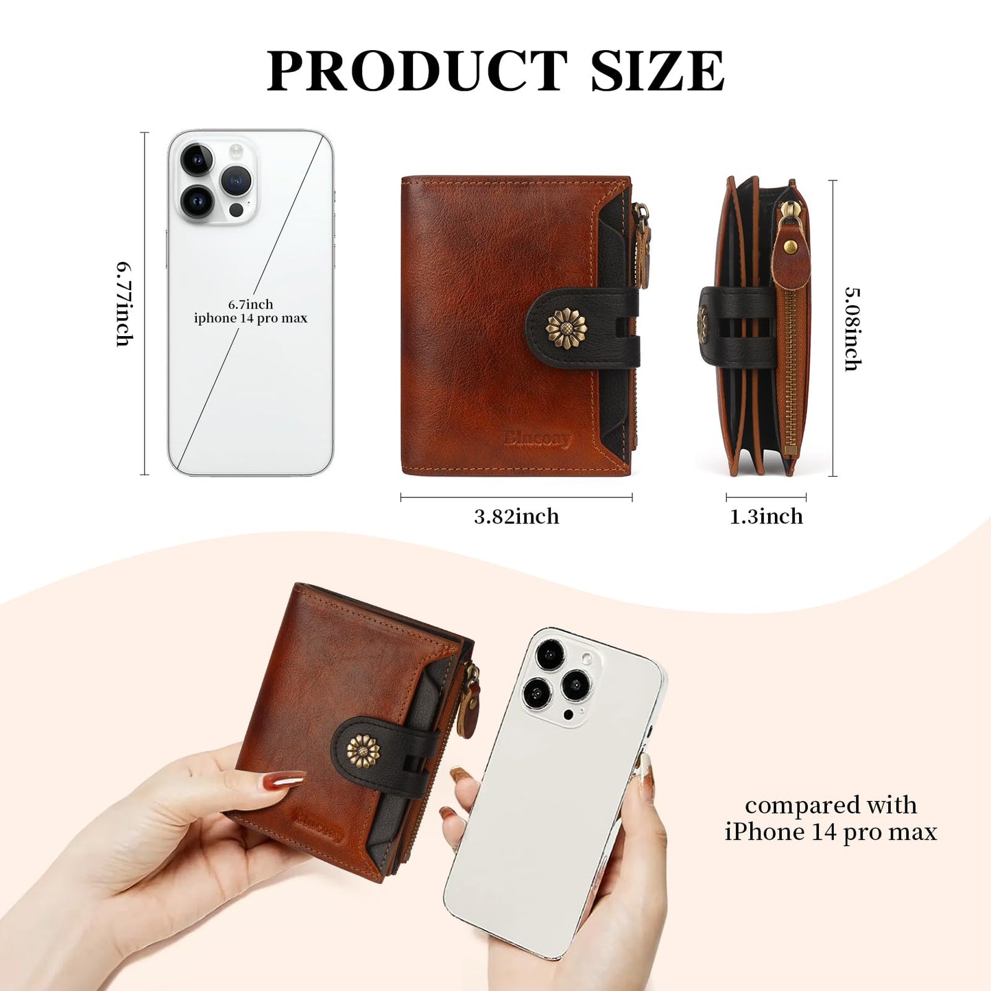 Blucoay Leather Wallet Women,RFID Blocking Womens Wallet Bifold Compact Small Wallet for Women Card Holder with Zip Coin Pocket Brownblack