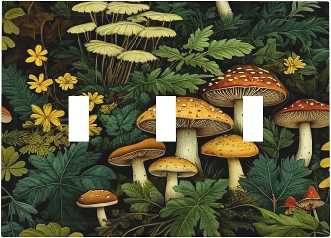 Mushrooms Forest Nature Botanical Art Light Switch Covers 3 Gang Triple Toggle Wall Plate Decorative Switchplate Electrical Faceplate for Farmhouse Living Decor