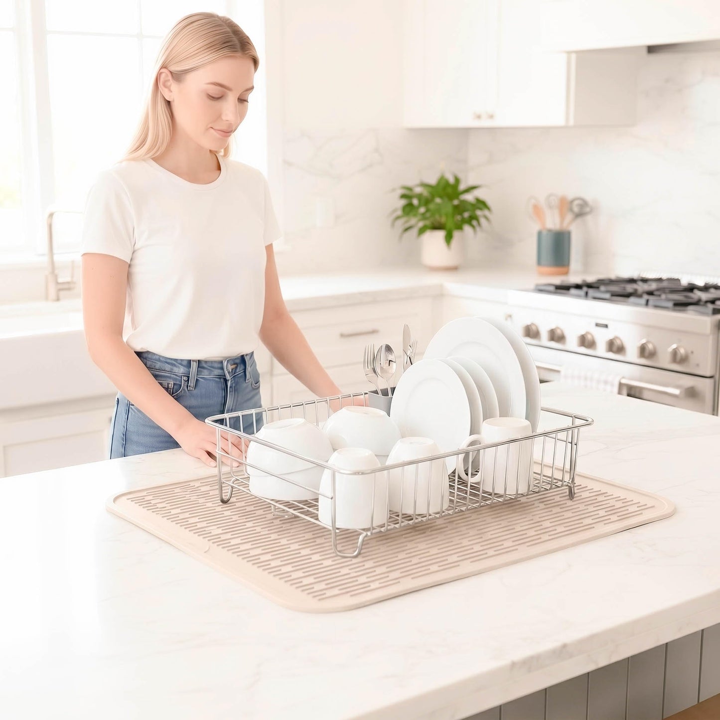 MicoYang Silicone Dish Drying Mat for Multiple Usage,Easy clean,Eco-friendly,Heat-resistant Silicone Mat for Kitchen Counter or Sink,Refrigerator or Drawer Liner Tapioca 2XL 24 inches x 18 inches