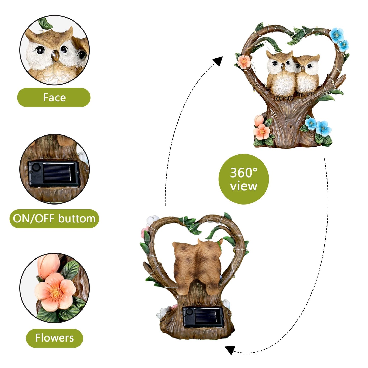 FLJZCZM Owl Statue with Solar Lights Outdoor Decor, Resin Owls Figurines for Garden Patio Lawn Decorations, Christmas Birthday Gifts for Women Friends (7.6Inches)