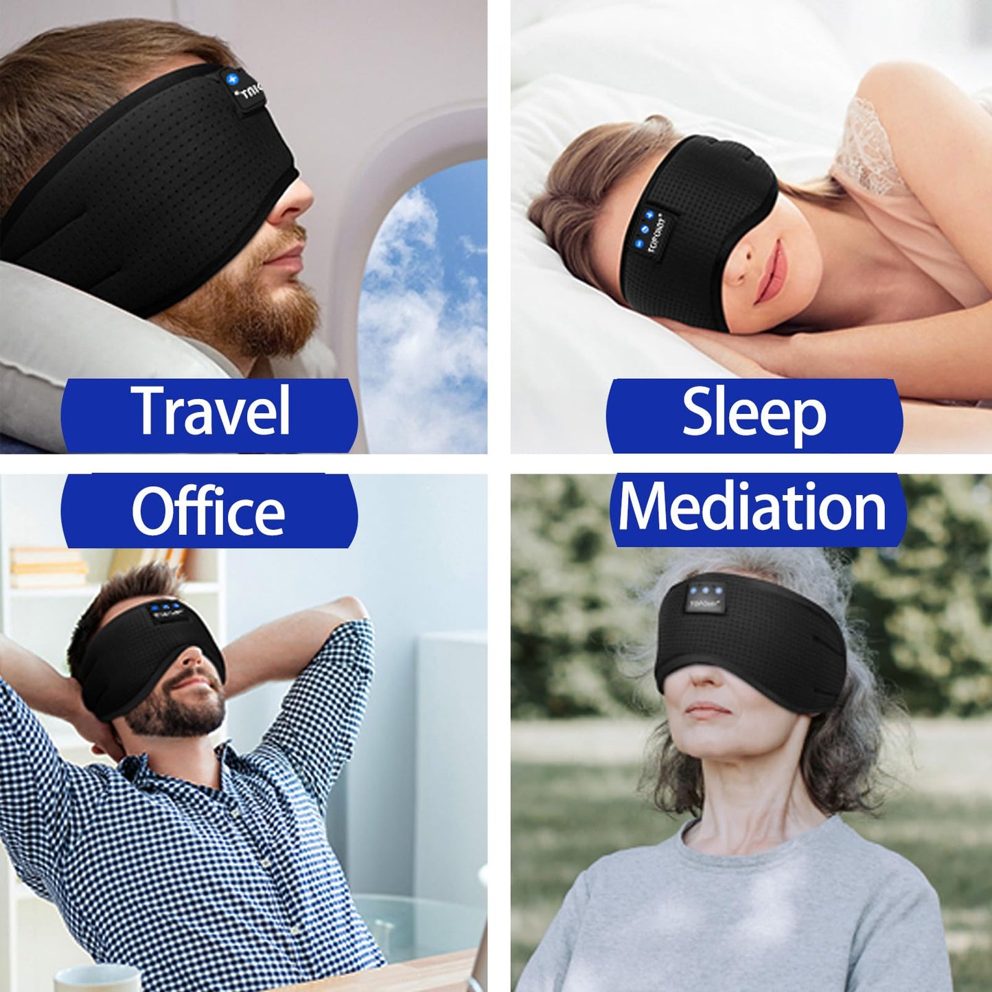 TOPOINT Sleep Mask with Bluetooth Headphones, Breathable Silk Eye Mask for Sleeping Men Women, Bluetooth Sleep Mask Blackout with Speakers, Microphone Handsfree, USB C for Travel Meditation Gifts