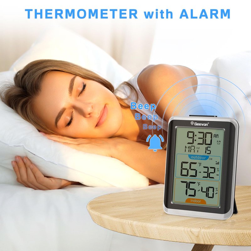 Geevon Wireless Indoor/Outdoor Thermometer & Hygrometer, Digital Temperature & Humidity Sensor with Time, Clock, 200ft/60m Range, 3.8‘’ Large Display