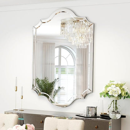 Chende 32"x47" Scalloped Large Wall Mirror for Decor Living Room, Arched Decorative Mirror with Clear Glass Frame and Beveled Edge, Modern Vertical/Horizontal Hanging, Gifts for Girls