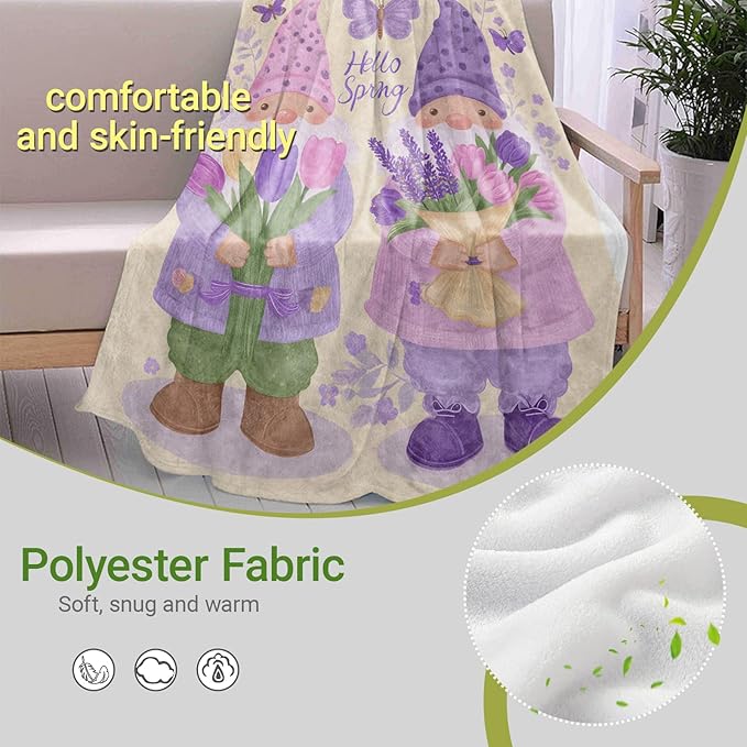 Gnome Lightweight Throw Blanket, Purple Lavender Flower and Butterfly, Warm Soft Cozy Flannel Blankets, Couch Dorm Home Decor All Season Use, 80x60in, Beige, Gifts for Women and Spring Lovers