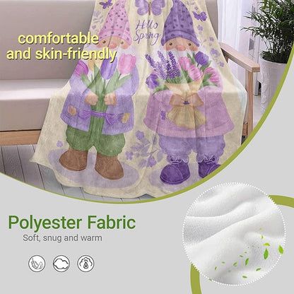 Gnome Lightweight Throw Blanket, Purple Lavender Flower and Butterfly, Warm Soft Cozy Flannel Blankets, Couch Dorm Home Decor All Season Use, 50x40in, Beige, Gifts for Women and Spring Lovers