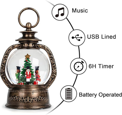 Christmas Snow Globe Lantern Water Glittering Nutcrackers with Music & Timer, USB Lined/Battery Operated Lighted Lantern for Christmas Festival Decoration Gifts