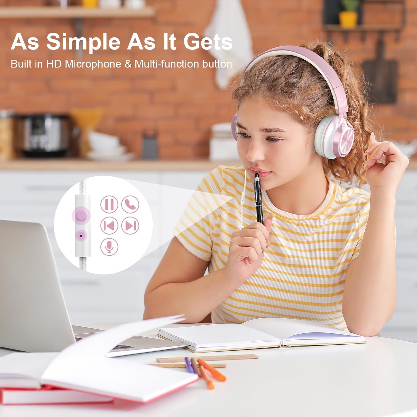 AILIHEN Wired Headphones with Mic, Girls Headphones for School, On-Ear Headsets for Chromebook Laptop Computer, Foldable Adjustable Teen Kids, Plug in Corded Headsets with 3.5mm Jack (Rose Gold)