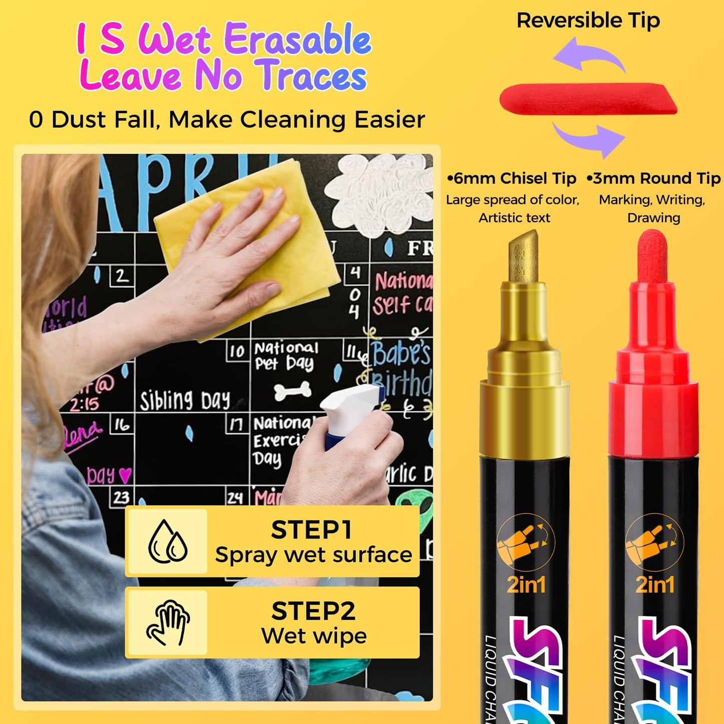 SFAIH Liquid Chalk Markers [1-Second Wet Wipe] No Residue - 6mm 30 Colors [Neon+Pastel+Metallic] Zero Dust Chalkboard Markers for Chalkboard Calendar, Glass, Window, Menus, Labels, Signs, Bistro