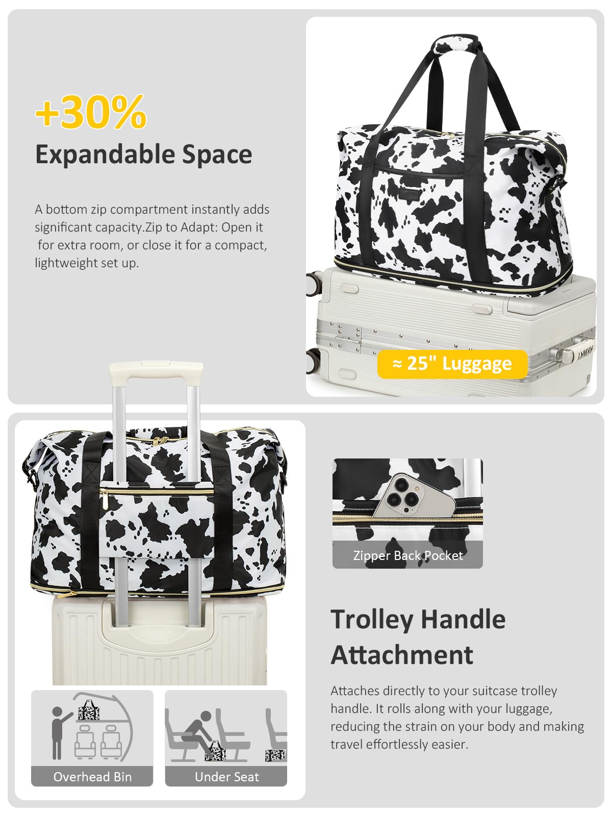 Expandable Travel Duffle Bag, Waterproof Weekender Overnight Bags for Women Men Hospital Bag for Women Labor Delivery Carry on Bag with Toiletry Bag for Travel Gym Airplanes(Cow Print, X-Large)