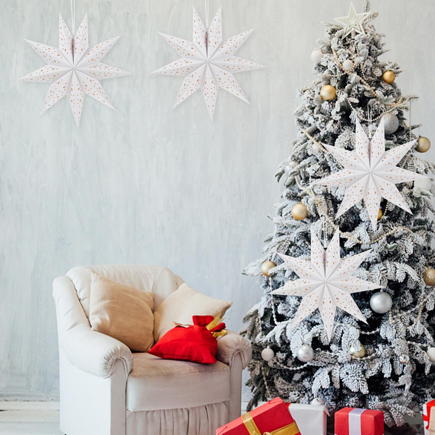 TOYANDONA Christmas Paper Lampshades: 3pcs White 9 Pointed Star Lampshade Lantern Shade Hanging Decorations, 35cm Hollow Out Lamp Covers for Wedding Birthday Holiday Christmas Party Hanging Decoration