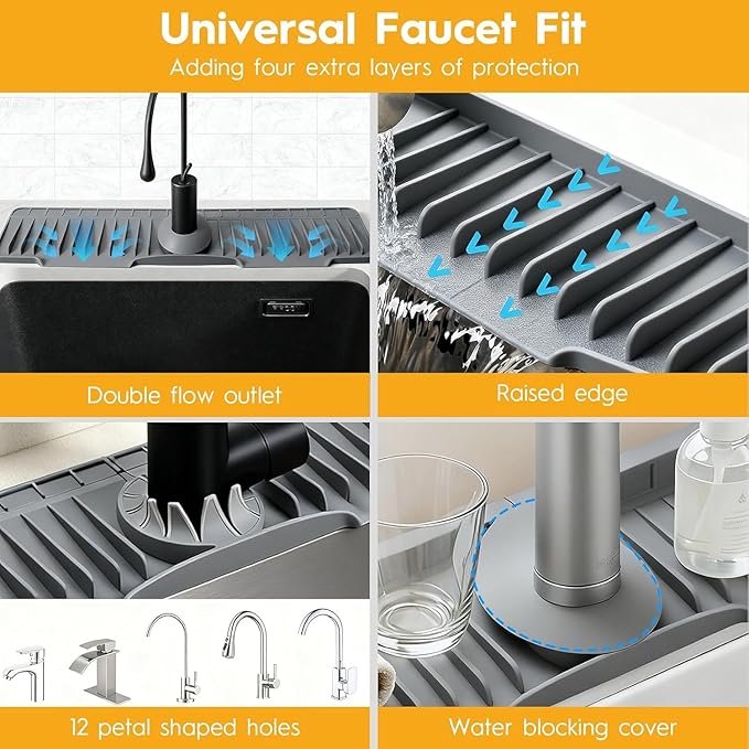 16" Silicone Faucet Mat for Kitchen Sink Released in 2025/12TH, 8° Slope Fast