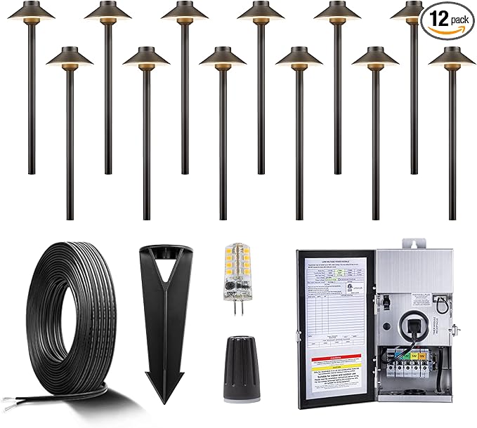 Gardenreet Solid Brass 12V LED Landscape Lighting Kit (12 Pack Path Lights) with 300W Low Voltage Transformer and Mechanical Timer and 250FT Wire and 50Pack Connectors for Outdoor Pathway Garden