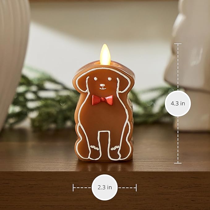 Luminara Flickering Flameless Candle 2.3" x 4.3", Battery Operated & Timer Function, Remote Ready (Sold Separately), Gingerbread Dog Moving Flame LED Light Figural Candle for Christmas Holiday Display