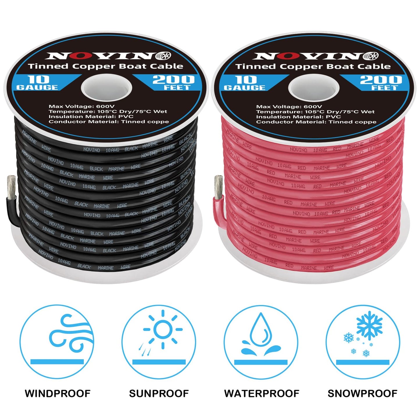 10 Gauge Marine Wire Include 10 AWG 200FT Red & 200FT Black,10 Gauge Marine Grade Wire Tinned Copper Oxygen-Free Boat Electrical Cable for Automotive/RV/Camper/Trailer Outdoor Use