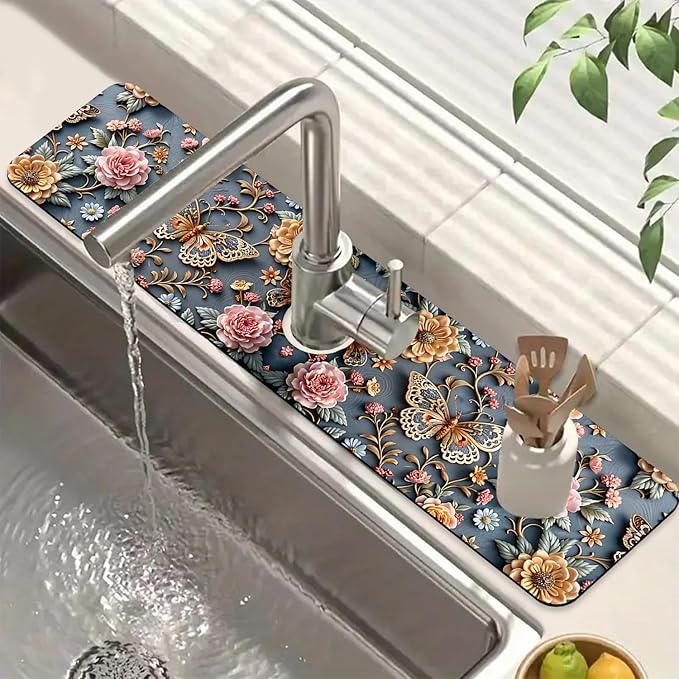 Gold Butterfly Kitchen Sink Splash Guard Faucet Mat Pink Floral Super Absorbent