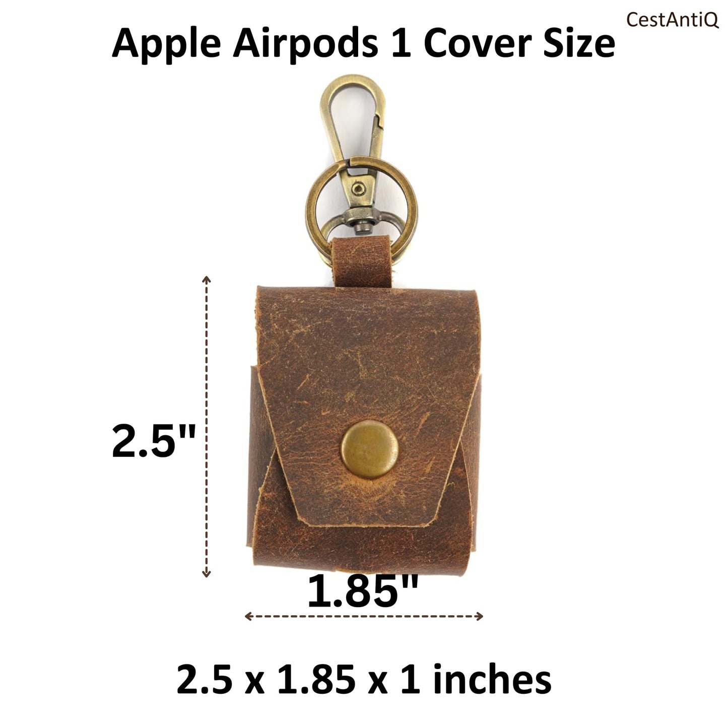 CestAntiQ Genuine Leather AirPods Case with Keychain, LeatherCase Cover Compatible for Apple AirPods 1 and 2, Secure Snap-Fastener Brown Leather Case