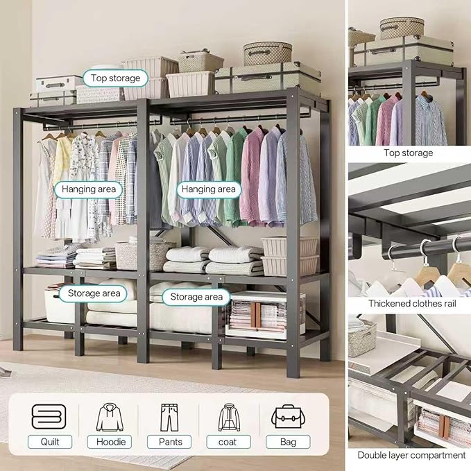 Foldable Portable Wardrobe Closet with Magnetic Doors & Cover, Heavy Duty Covered Clothes Rack with Hanging Clothing Rod, Metal Frame Standing Alone Closet for Bedroom (Door Design C, 49.2IN/125CM)