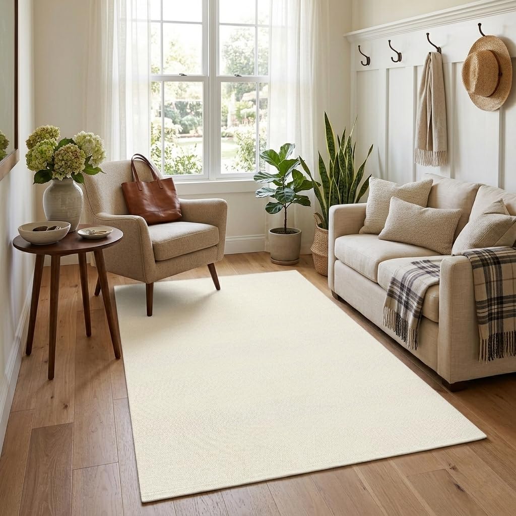 LEEVAN Washable Area Rug 4x6, Hand-Woven Cotton Living Room Rug, White Braided Bedroom Rugs, Farmhouse Indoor/Outdoor Floor Carpet for Patio, Nursery, Office, Playroom, Dining Room