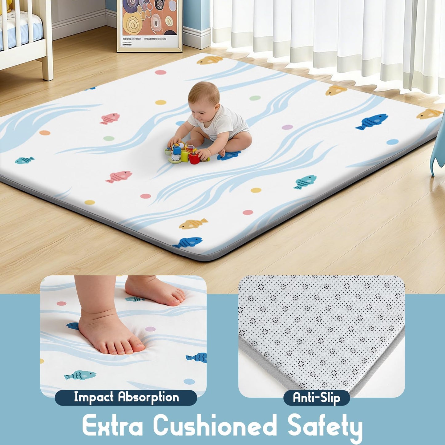 TreeBud Baby Play Mat for Floor, 1.3-Inch Thickened Foam Soft Padded Coral Velvet Playmat for Tummy Time, 59x71 Water-Repellent Playpen Mat for Toddlers Infant Kids, Cute Little Fish Print
