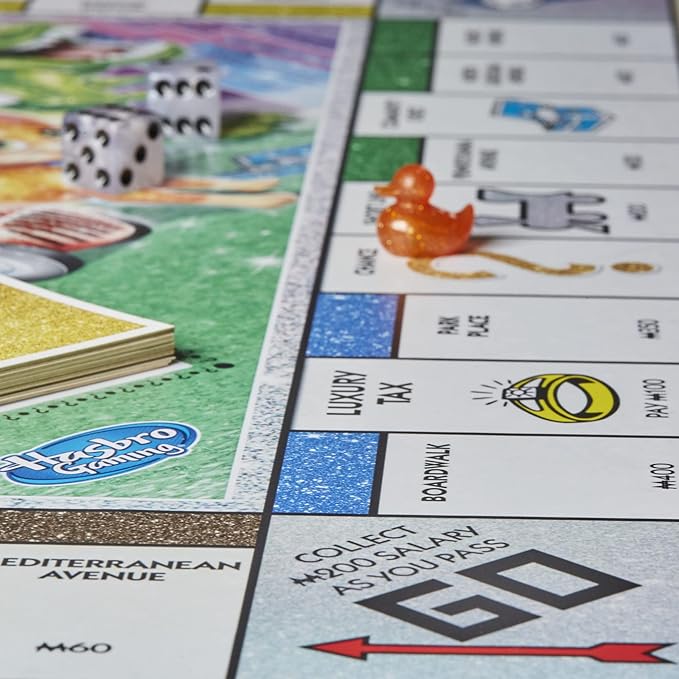 Hasbro Gaming Monopoly Sparkle Edition Board Game Family Games with Glittery Tokens Pearlescent Dice Sparkly Look (Amazon Exclusive)