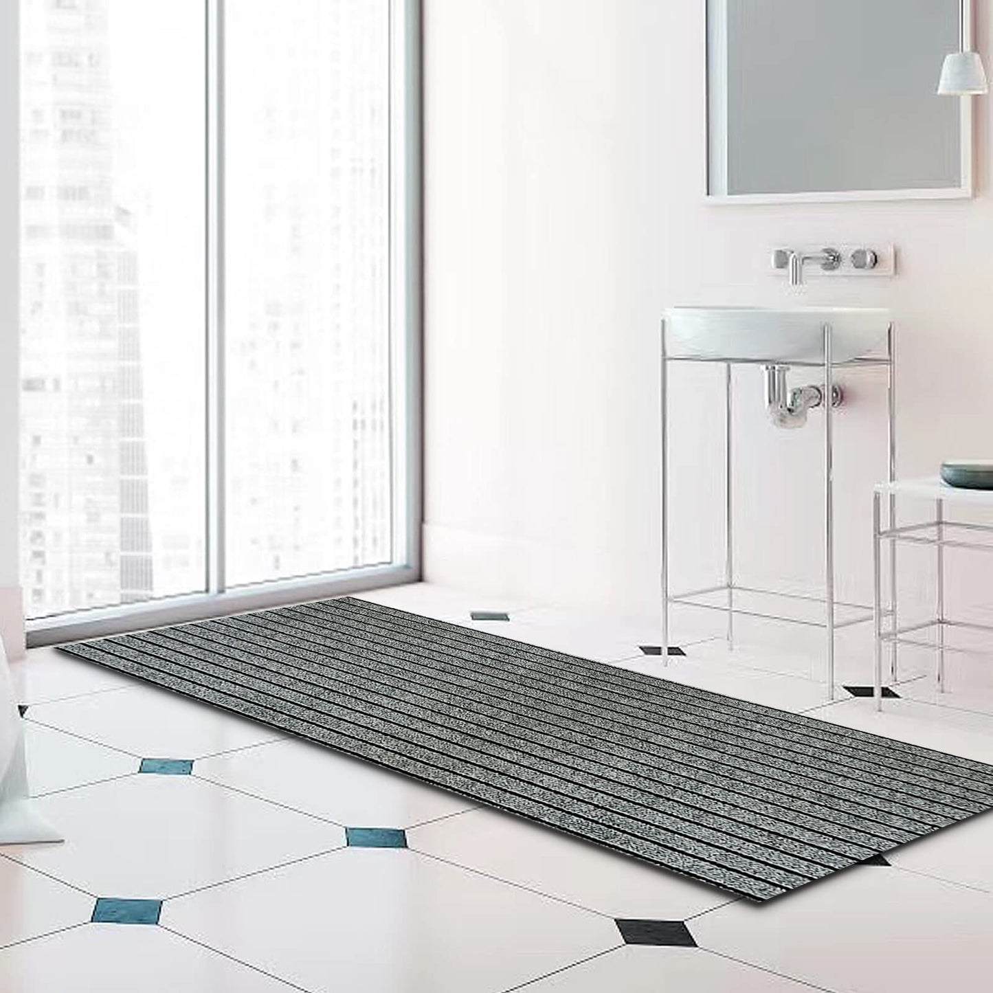 Runner Rug 2 ft x 6 ft Indoor/Outdoor Low Profile, Hallway, Kitchen, Patio, Deck Area, RV, Entryway, Garage, with Non-Slip Rubber Backing, Gray with Black Stripe, Custom