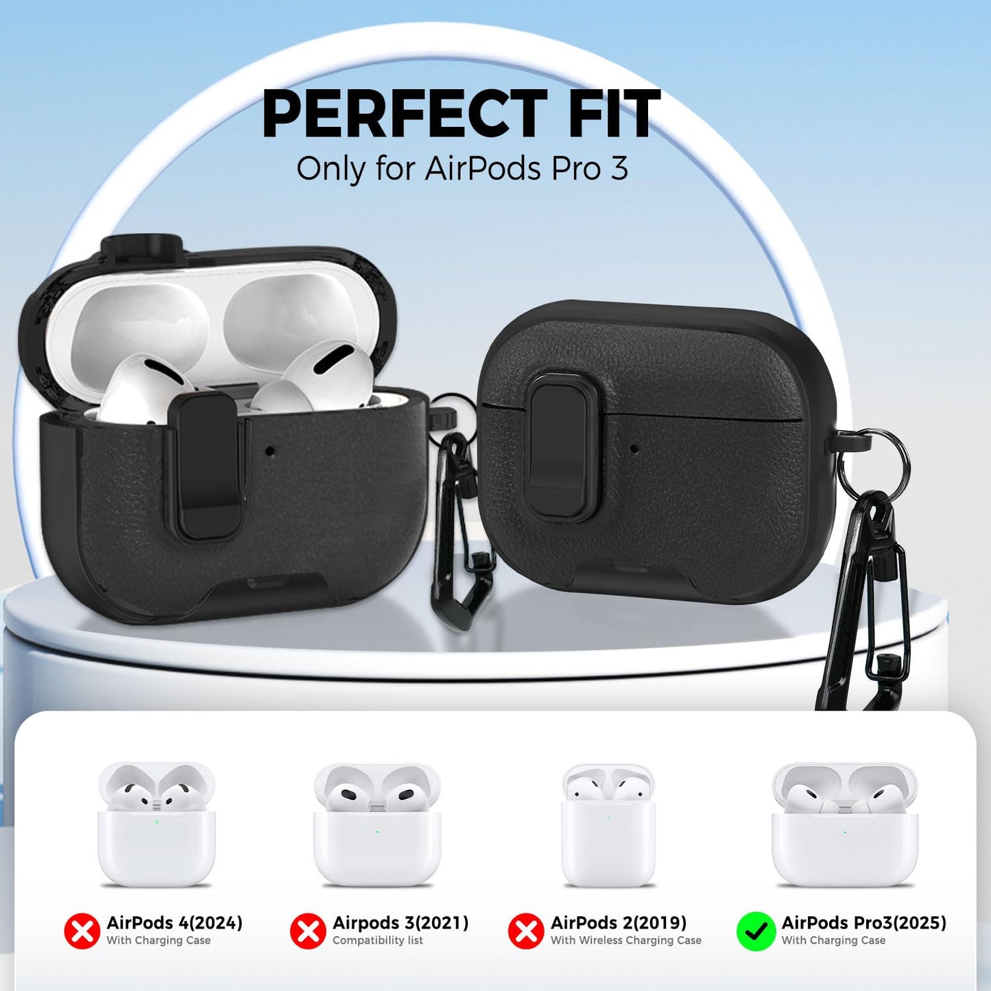 for AirPods Pro 3 Case 2025 3rd Generation with Cleaner Kit,Black Leather Protective Cover with Lock/Stand Compatible with Apple New Air Podspro3,Headphone Case Funda with Carabiner Accessories 4 Men