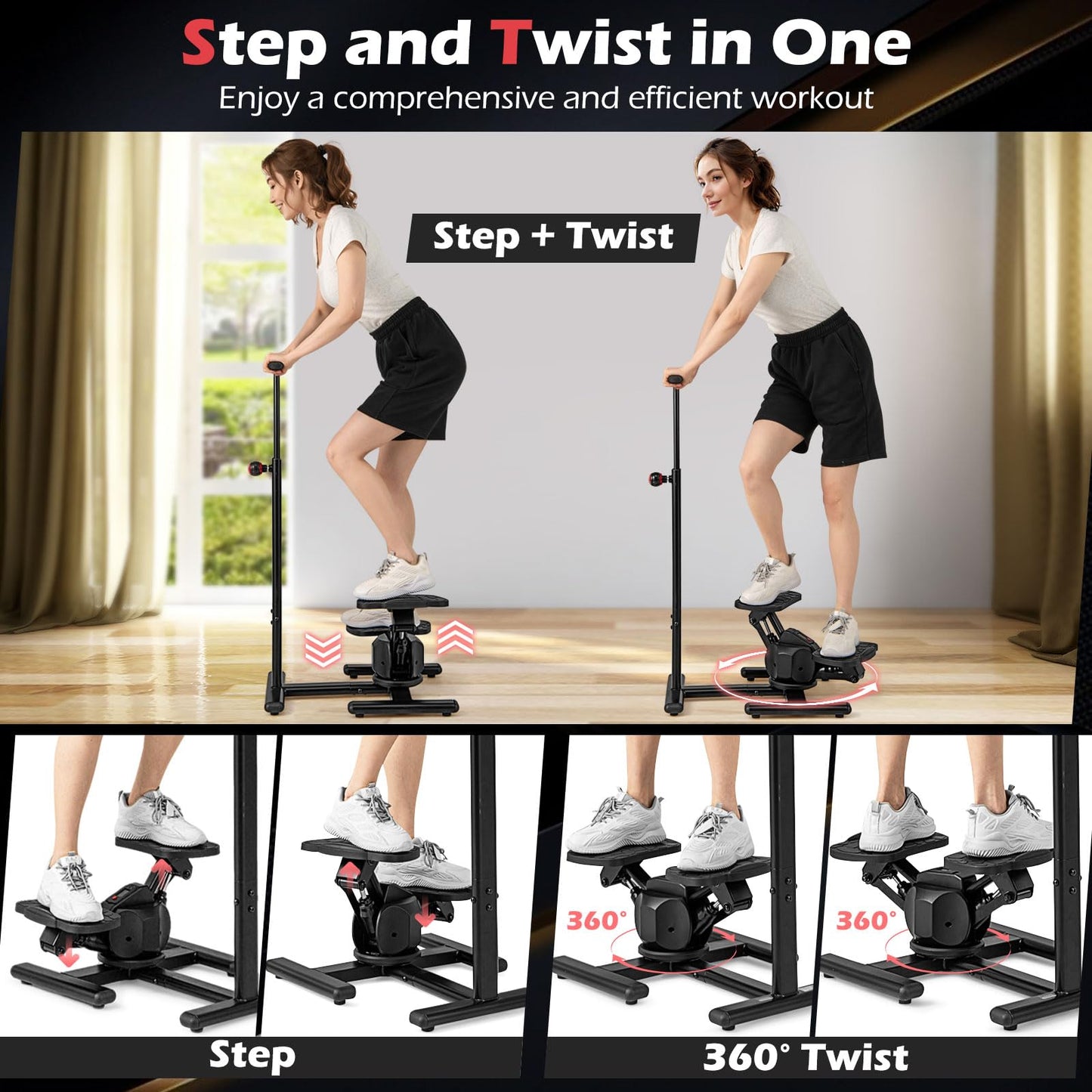 Goplus 2 in 1 Twist Stepper with Handlebar, 330 LBS Hydraulic Stair Stepper w/Waist Twister Platform, LCD Monitor, 5-Level Height Adjustable, High Resistant Step Machine for Cardio Exercise at Home
