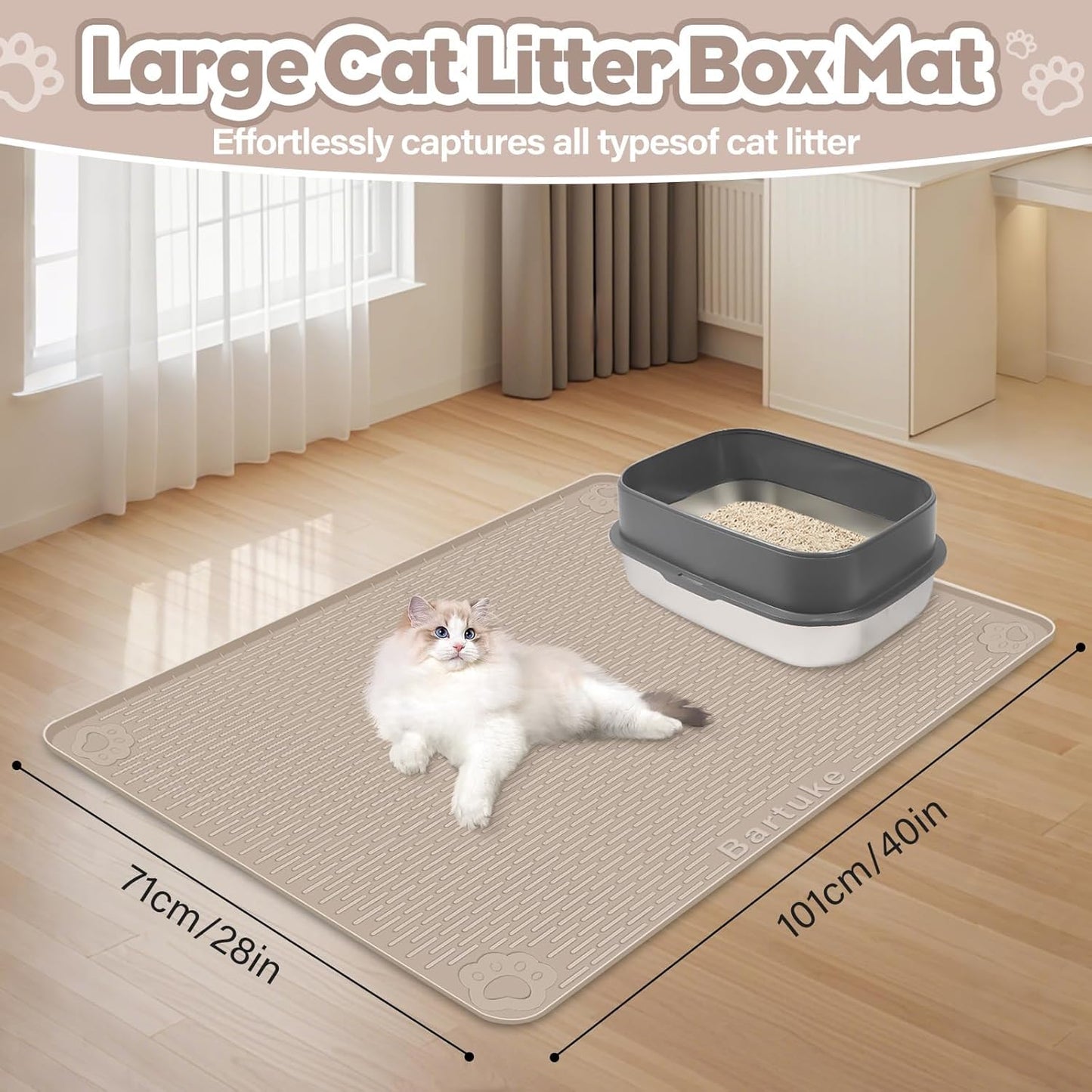 Kalolary Cat Litter Mats, 40" x 28" Extra Large Silicone Cat Mat for Litter Box, Easy to Clean Kitty Litter Trapping Mat, Soft on Kitty Paws, Waterproof, Urine-Proof Kittys Litter Mats for Floor,Khaki