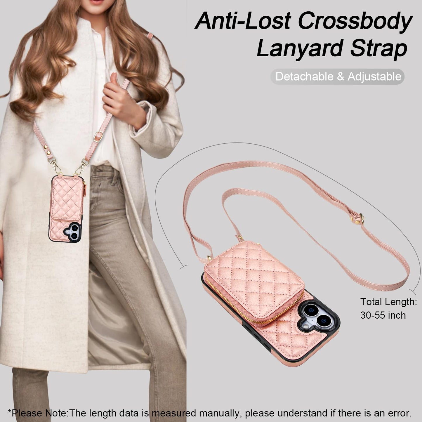 Bocasal Crossbody Wallet Case for iPhone 17, RFID Blocking PU Leather Zipper Handbag Purse Flip Cover, Kickstand Folio Case with Card Slots Holder Wrist Strap Lanyard 5G 6.3 Inch (Rose Gold)