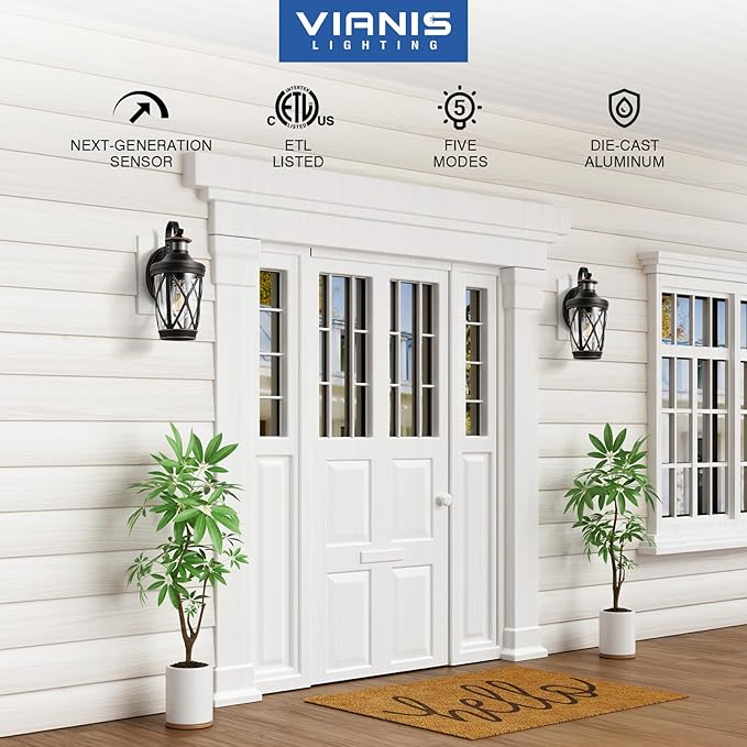VIANIS Motion Sensor Outdoor Porch Lights, Modern Dusk to Dawn Exterior Wall Light Fixtures, Oil Rubbed Bronze Gold Trim Wall Lanterns for Garage, Waterproof Coach Lights with Adjustable Sense Range