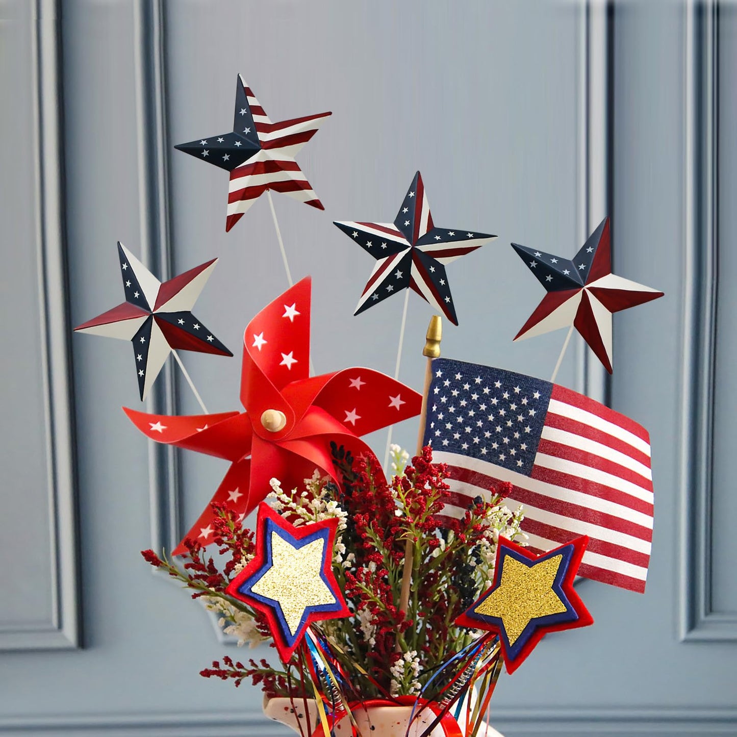 K KILIPES 15.75" H Metal Star Barn Patriotic Garden Stakes, 4pcs Rustic US Flag Star Metal Plant Stick Yard Art Ornament for Memorial Day 4th of July Veterans Day Election Day Decoration