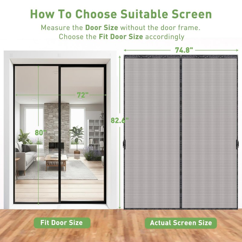 Sliding Screen Door with Track, Double Retractable Screen Doors, Fits Door Size 72 x 80 Inch, Smooth Sliding, Heavy Duty, Strong Magnets Mesh for French Patio Balcony Sliding Glass Door, Black