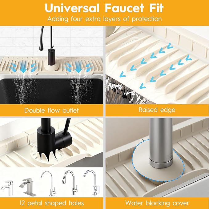 16" Silicone Faucet Mat for Kitchen Sink Released in 2025/12TH, 8° Slope Fast