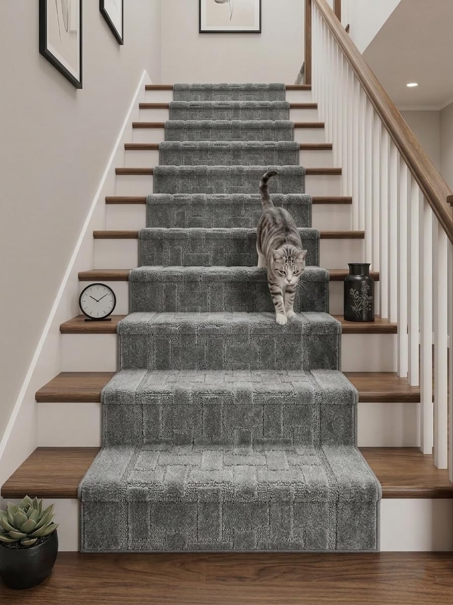 Runner Rug 12 ft, Non-Slip Washable Rug, Grey Textured Carpet for Kitchen Hallway Entryway, Rubber Backing, Indoor, Rolled in Box (26" x 12'), Custom Size Floor Runner