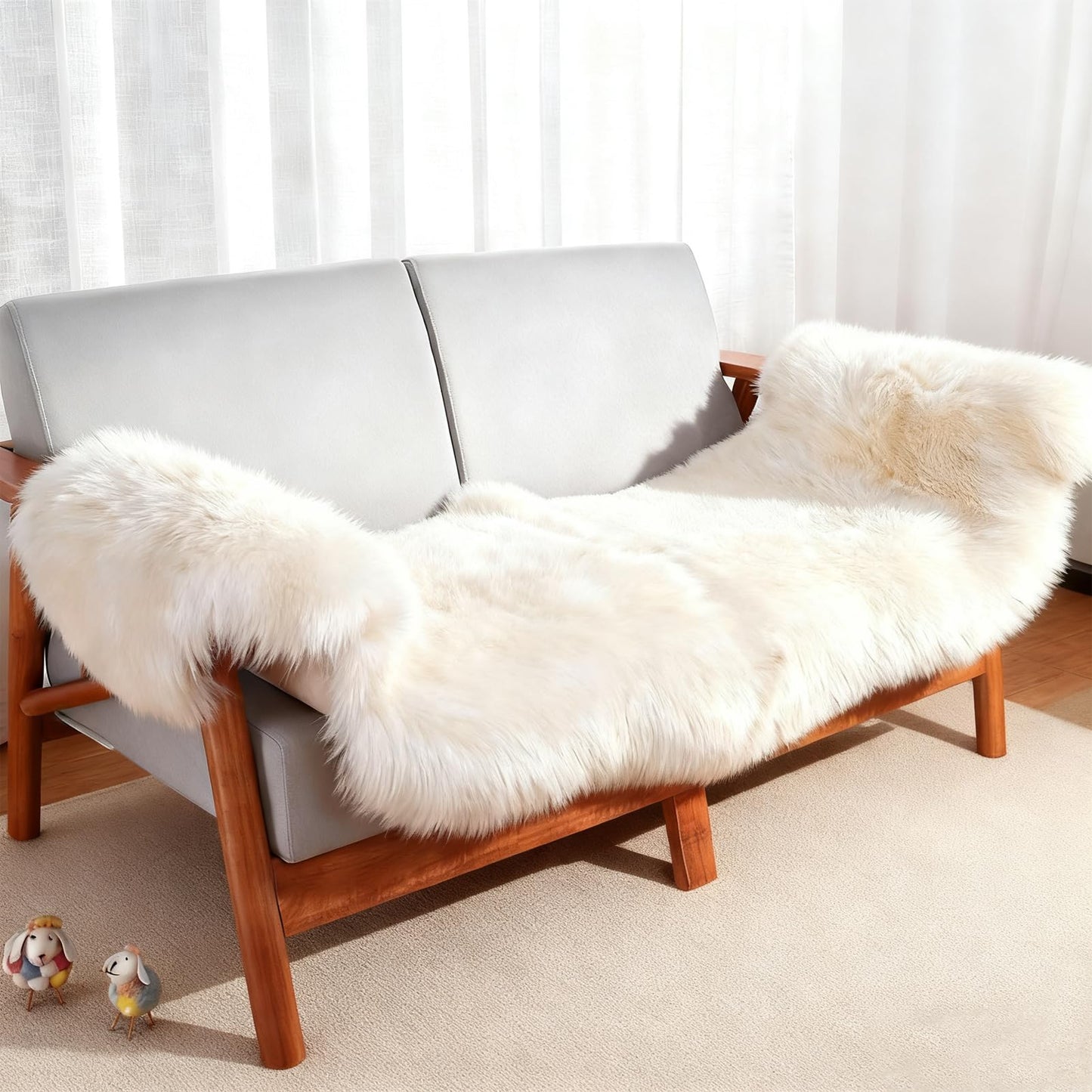 Genuine Sheepskin Rug with Little Patches | Premium Ivory White Fluffy Sheep Skin Carpet for Bedroom Fireplace | Soft Wool Throw for Elder, Pet | Luxurious Fur Rug for Chair, Sofa, Non Dyed 2FT*6FT