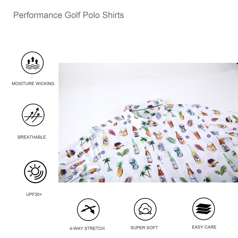 Alex Vando Mens Hawaiian Golf Shirt Moisture Wicking Digital Print Golf Shirts for Men,White Beer,L