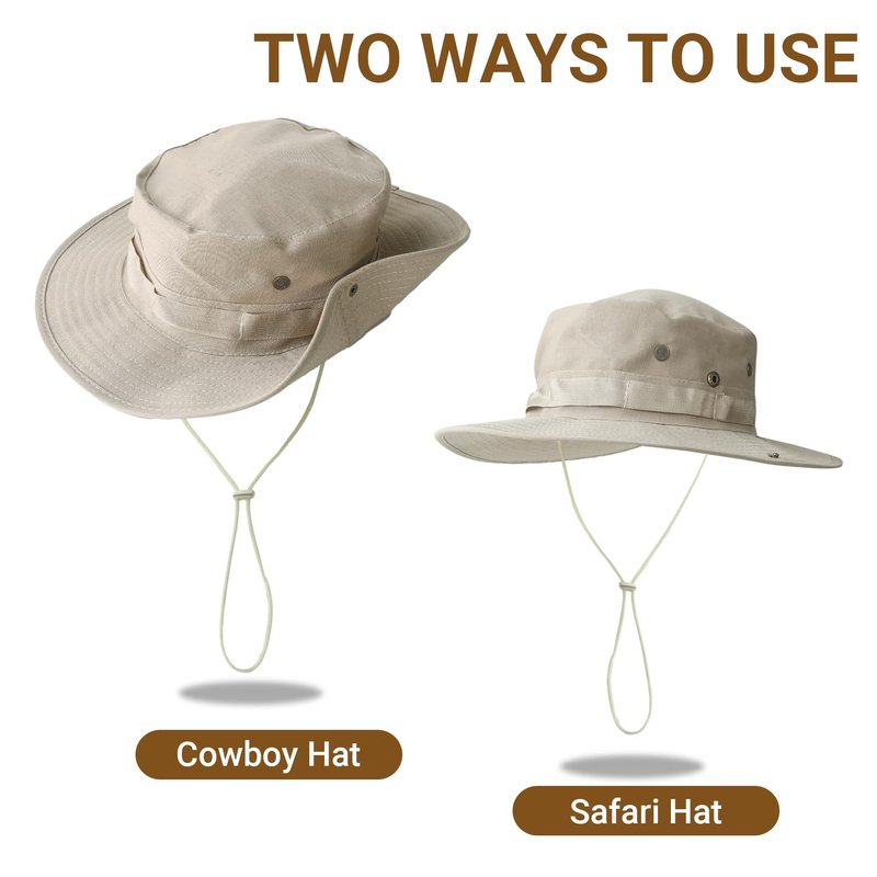 PFFY Sun Boonie Hats for Men UPF 50+ Bucket Hat for Fishing Hiking Safari Hunting Khaki（with Webbing