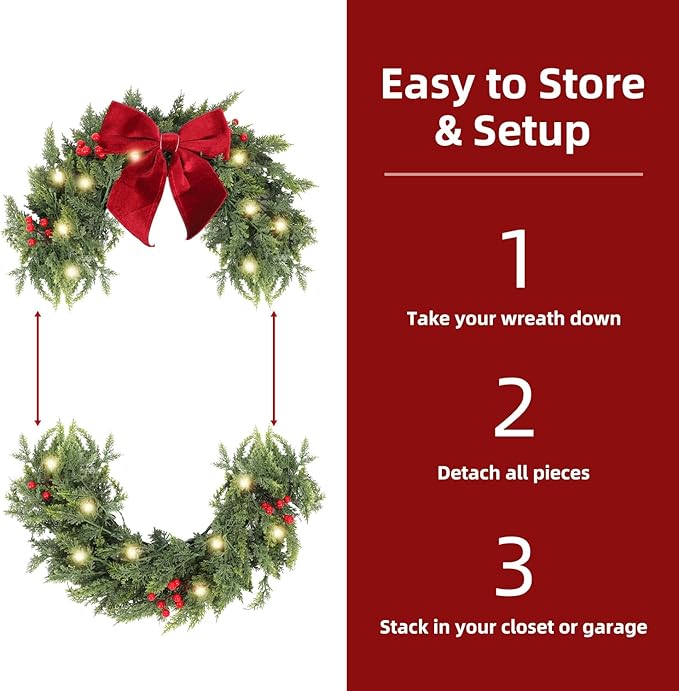 30 Inch Christmas Wreaths for Front Door with Lights,Lighted Cedar Door Wreath,Prelit Real Touch Artificial Green Winter Wreath with Large Burgundy Velvet Bow for Indoor Outdoor Decor