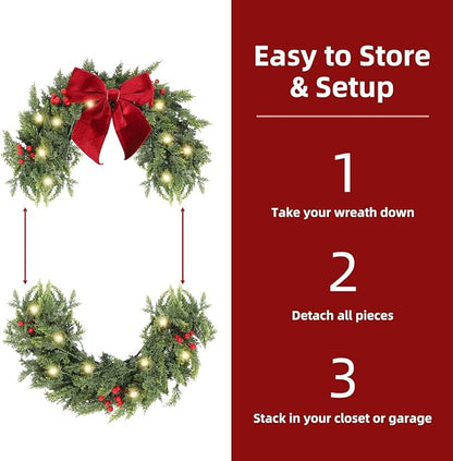 30 Inch Christmas Wreaths for Front Door with Lights,Lighted Cedar Door Wreath,Prelit Real Touch Artificial Green Winter Wreath with Large Burgundy Velvet Bow for Indoor Outdoor Decor