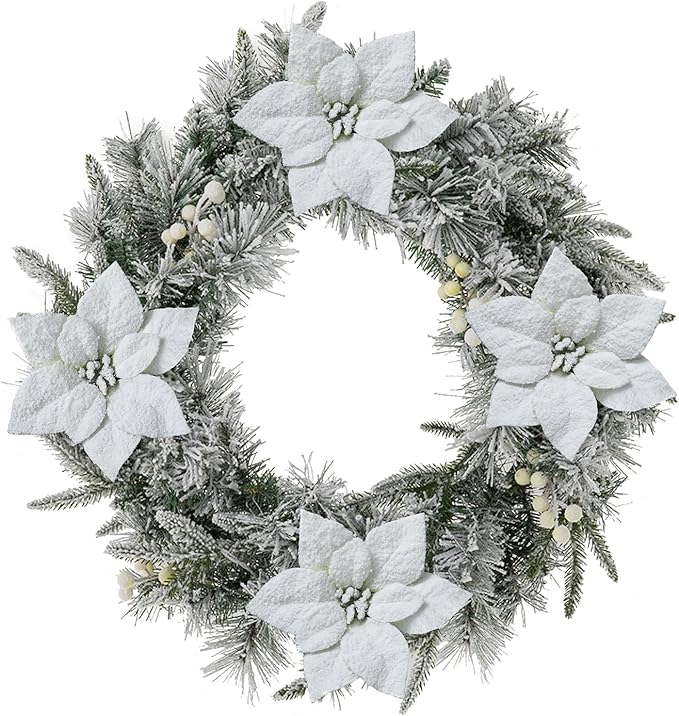 Glitzhome 24" D Pre-Lit Snow Flocked Greenery Pine Poinsettia Christmas Wreath, with 50 Warm White Lights with Timer