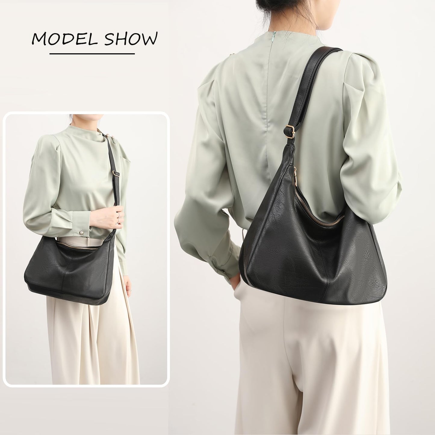 NIUEIMEE ZHOU Hobo Bags for Women Foldable Vegan Leather Shoulder Handbag Slouchy Tote Crossbody Purses
