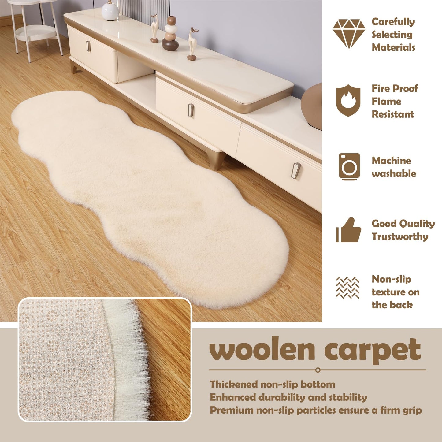 LLSPW Fluffy Synthetic Rabbit Fur Area Rug Soft Faux Rabbit Plush Rug Machine Washable Non-Slip Backing High Density Floor and Sofa Seat Cushions for Living Room White and Blue 2x6 ft