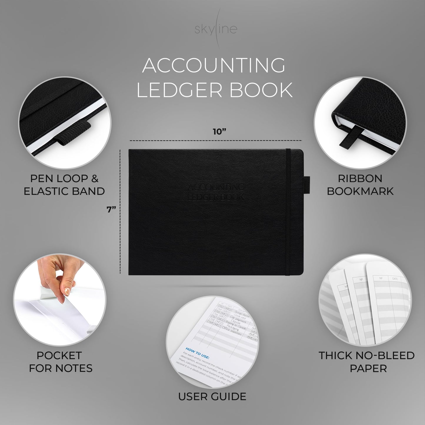 Skyline Accounting Ledger Book – Columnar Log Journal for Personal & Small Business Bookkeeping – Money Expense Log, Hardcover 10x7” (Black)