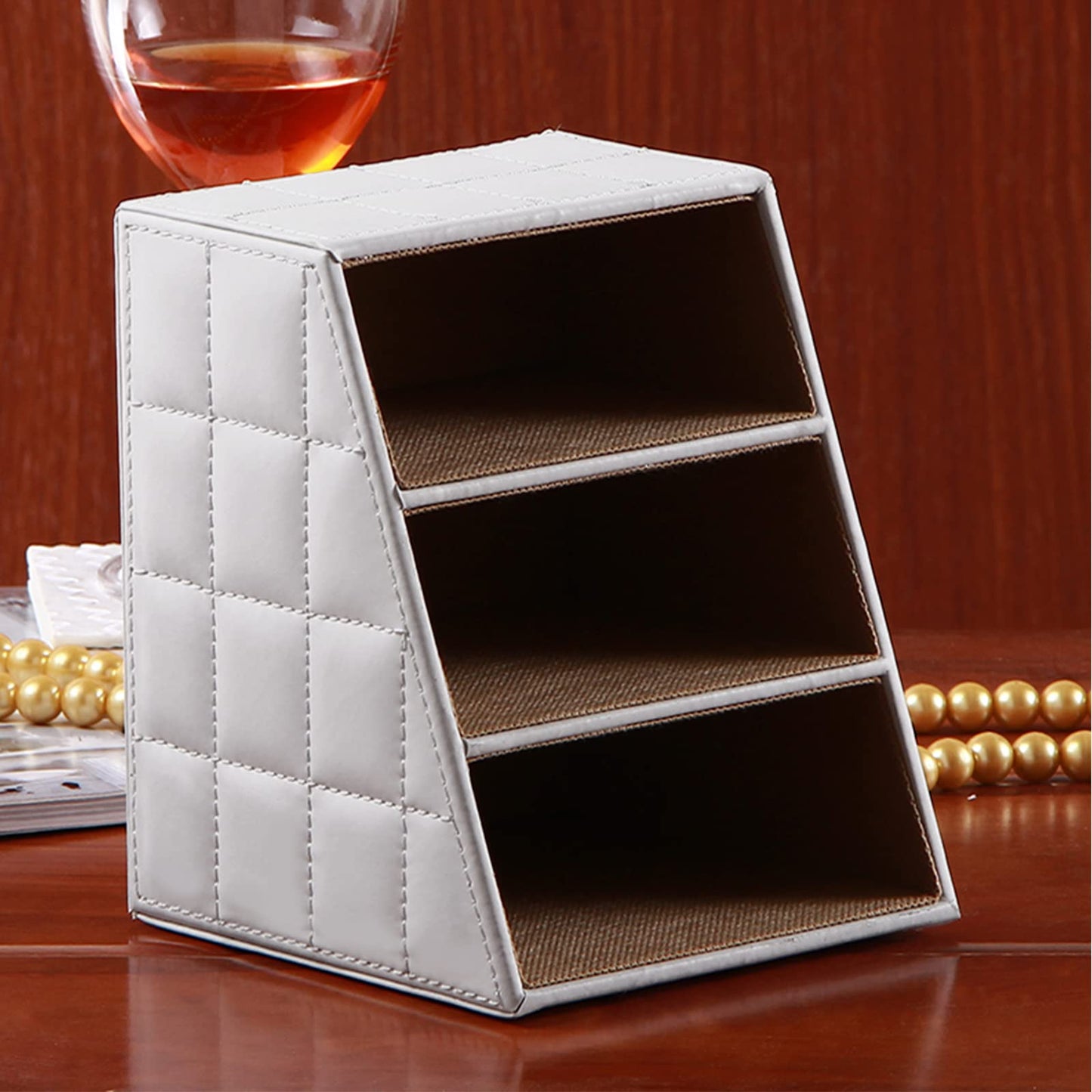 RHCSZ Fashionable PU Leather TV Remote Control Holder with 3 Compartments,Multifunction Desktop Organizer Holder, Media Accessory Storage & Organize Controllers (white)…