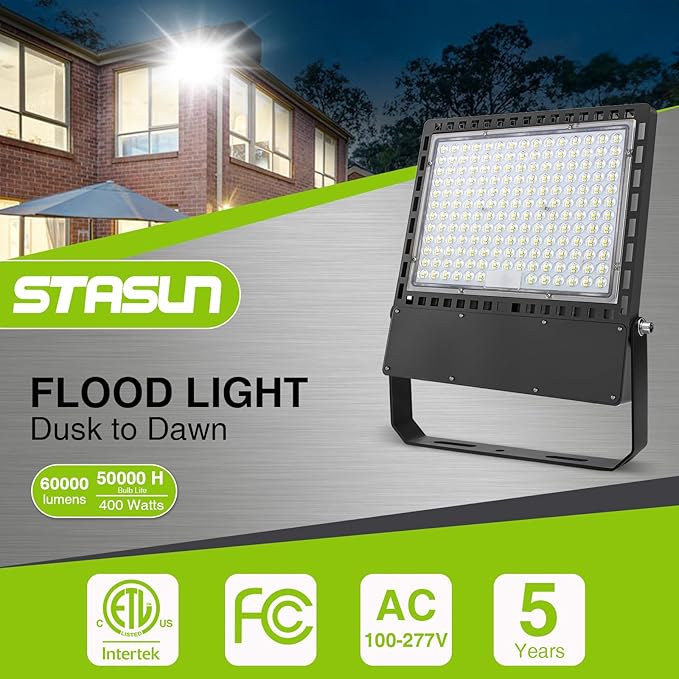 STASUN 400W 60000LM LED Flood Stadium Light with Photocell, 100-277V Dusk to Dawn Outdoor Lighting, 5000K Daylight, IP67 Waterproof, ETL Certified for Sport Courts Arena Parking Lot