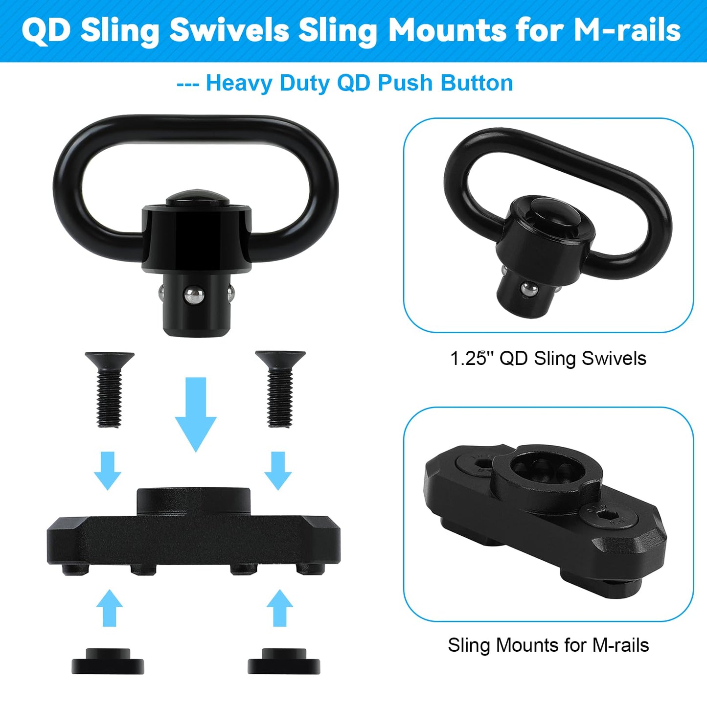 REERON 2 Point Sling & Mount - Adjustable Extra Long Two Point Traditional Rifle Sling with 2 Pack 1.25" QD Swivels Mounts for M-Rail (2 Pack Mounts)