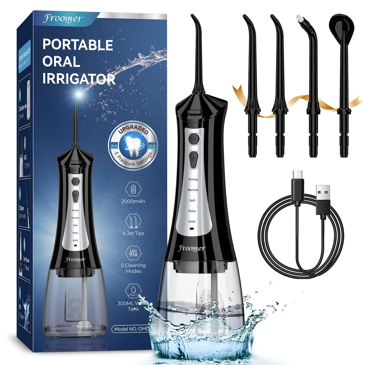 Froomer Water Flosser，Water Dental Forsser for Teeth Clean, 5Modes 4 Jet Tips,Rechargeable Portable Water Flossers for Teeth,300ML Tanks for Travel Friendly(Black