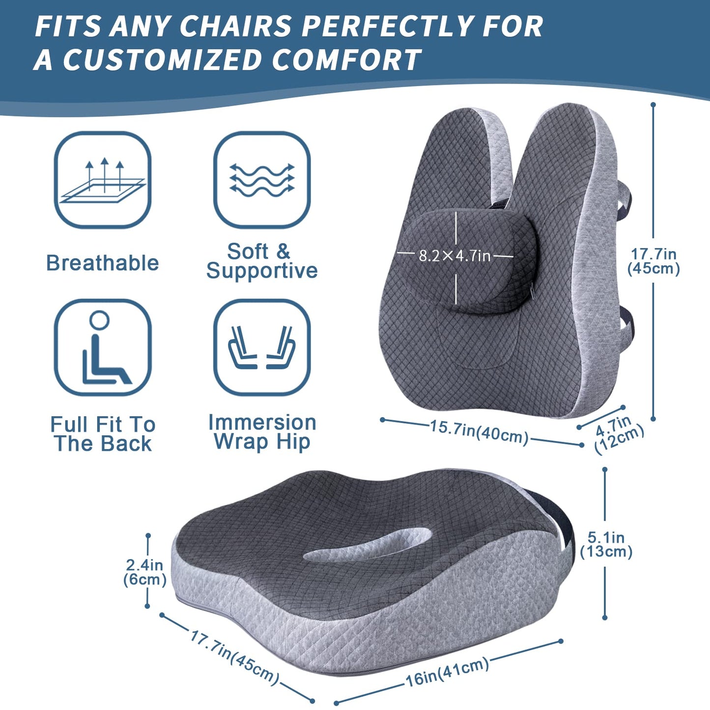 Memory Foam Seat Cushion & Lumbar Support Pillow for Office Chair Car Wheelchair, 3 Piece Chair Cushion Set with Adjustable Straps for Lower Back, Tailbone, Sciatica, Hip Pain Relief, CertiPUR-US
